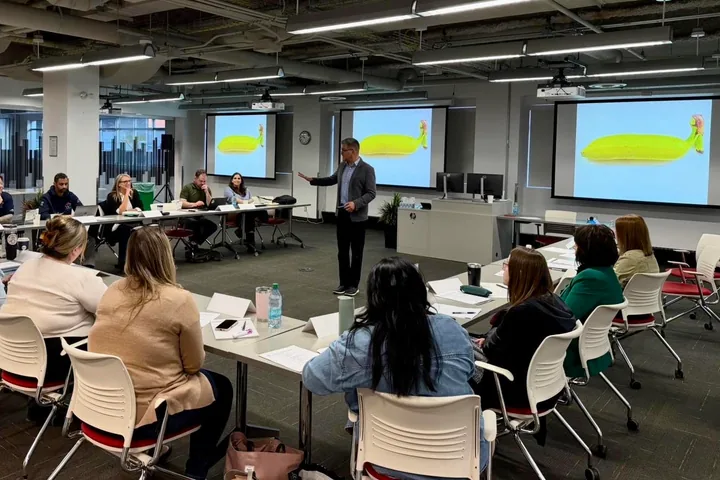 A training room with long tables: participants seated around them, Nir Tsuk standing between the tables, three screens showing the same picture of a banana.